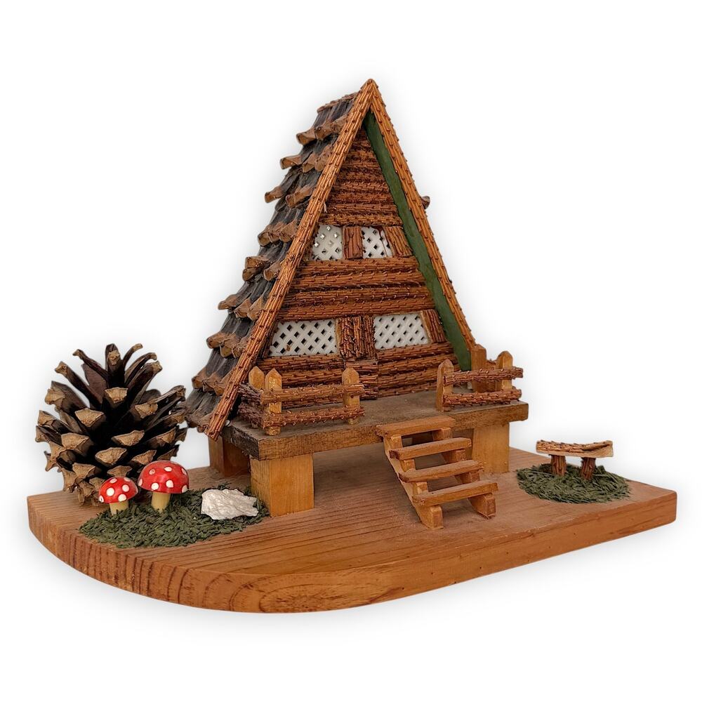 MCM vintage 60'Handmade Miniature Log Cabin AFrame folk art mushrooms Christmas